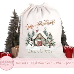 Jultomtens renarsläde och julhus PNG, julclipart, julsäckdesign, sublimering av julaftonslåda, omedelbar digital nedladdning bild 2
