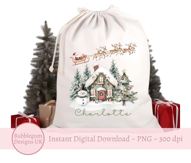 Jultomtens renarsläde och julhus PNG, julclipart, julsäckdesign, sublimering av julaftonslåda, omedelbar digital nedladdning bild 2