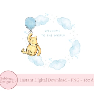 Classique Winnie l'ourson & ballon bleu, Bienvenue dans le monde bleu couronne PNG, Winnie Baby Shower Sublimation Design, téléchargement numérique instantané