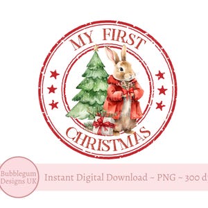 My First Christmas, Red Rabbit Sublimation Design, Baby 1st Christmas, Baby's 1st Christmas, Sticker, Instant Digital Download