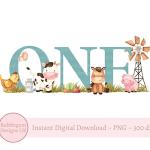 Blue Farm ONE 1st Birthday PNG, Farm Animals Sublimation Design, Birthday T Shirt Design, Cow, Lamb, Horse, Instant Digital Download