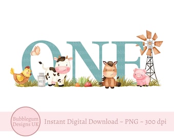 Blue Farm ONE 1st Birthday PNG, Farm Animals Sublimation Design, Birthday T Shirt Design, Cow, Lamb, Horse, Instant Digital Download