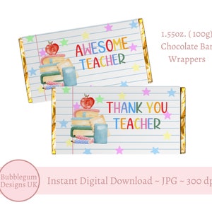 2 x Embrulhos de Barras de Chocolate para Professor, Obrigado, Incrível, para Imprimir, 1,55oz (100g), Embrulho de Barra de Doce, Assistente de Ensino, Download Digital Instantâneo