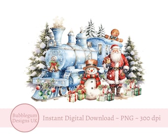 May include: A watercolor illustration of a blue train with the words "Polar Express" on the side. Santa Claus, a snowman, and a gingerbread man are standing in front of the train. There are presents wrapped in green and red paper around the train.
