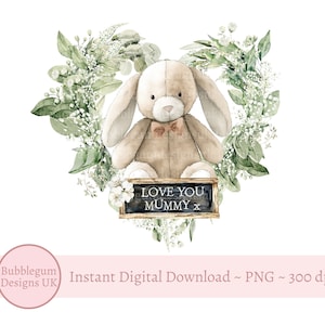 Lop Ear Bunny Heart Wreath Sublimation Design, Love You Mummy, PNG, Design per biglietti per la festa della mamma, Festa della mamma, Download digitale istantaneo