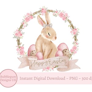 Brown Easter Bunny Pink Floral Wreath PNG, Sublimation Design, My First Easter Clip Art, Easter Bunny,  Instant Digital Download