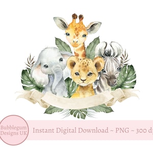 Topo de bolo de animais de safári PNG, design de sublimação de animais de safári em aquarela, festa de aniversário de safári, chá de bebê, download digital instantâneo