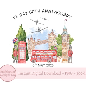 Escena londinense PNG, camiseta del 80.º aniversario del Día de la Victoria en Europa, horizonte de Londres, taza de sublimación del Día de la Victoria en Europa, Puente de Londres, recuerdo, descarga digital instantánea