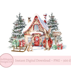 Coniglio Casa di Natale PNG, Design di sublimazione invernale, 1° biglietto di Natale, Design del sacco di Babbo Natale, Scatola della vigilia di Natale, Download digitale istantaneo