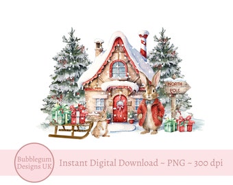 Rabbit Christmas House PNG, Winter Sublimation Design, 1st Christmas Card,Santa Sack Design, Christmas Eve Box, Instant Digital Download