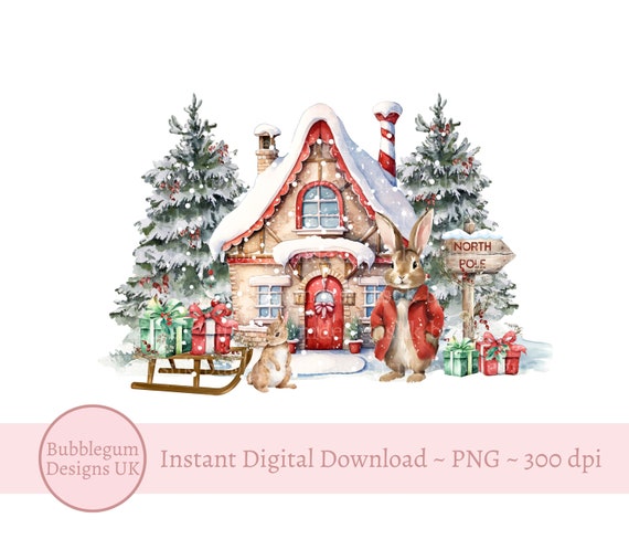 Rabbit Christmas House PNG, Winter Sublimation Design, 1st Christmas Card,Santa Sack Design, Christmas Eve Box, Instant Digital Download