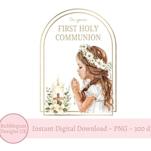 Erste heilige Kommunion PNG, Mädchen 1st Kommunion Sublimationsdesign, Kommunion, Bibel, braunes Haar betender Mädchenbogen, sofortiger digitaler Download