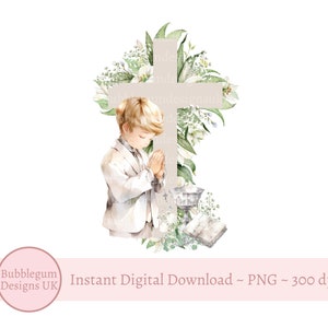 Première Sainte Communion croix calice PNG, conception de sublimation de 1ère Communion garçon, croix florale, Bible, prière, téléchargement immédiat