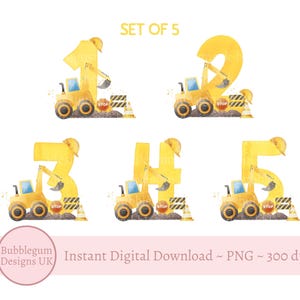 Construction Digger numéros 1 à 5 ans sublimation dessins, PNG, camion Bundle, jaune des cliparts de camion de construction, téléchargement numérique immédiat