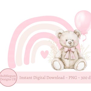 Orsetto Palloncino Rosa e Arcobaleno PNG, Orsetto Clipart, Orsetto Baby Shower, Orsetto Compleanno Arcobaleno Rosa, Bambina, Download Digitale Istantaneo