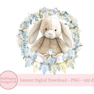 Blue Easter Lop Ear Bunny & Bunting Sublimation Design, PNG, Easter Bunny, 1st Easter, Rabbit, Easter Egg Wreath, Instant Digital Download