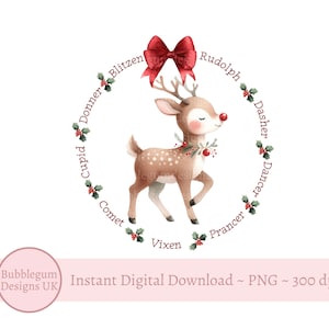 Renna di Babbo Natale PNG, nomi di renne, ghirlanda di Natale, design del sacco di Babbo Natale, biglietto di Natale, sublimazione di Natale, download digitale istantaneo