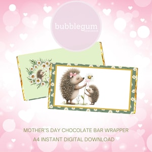Printable Mother&#39;s Day Chocolate Bar Wrapper, Mother&#39;s Day Hedgehogs Design, 1.55oz (100g) Candy Bar Wrapper, Instant Digital Download