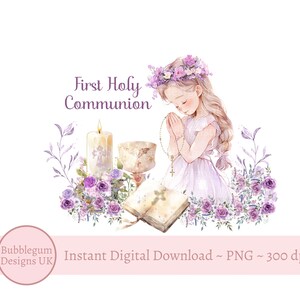 Ragazza che prega per la prima comunione PNG, Design di sublimazione per la comunione, Design della carta per la comunione, Design del salvadanaio, Download digitale istantaneo