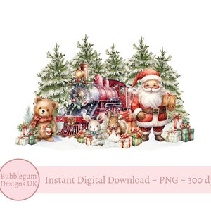 Red Christmas Santa & Friends Train Sublimation Design, PNG, 1st Christmas T Shirt Design, Santa Sack Design, Instant Digital Download