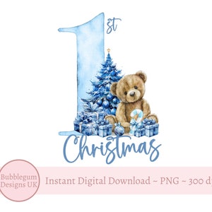 Blue First Christmas Teddy Bear PNG, Christmas Bear, Baby's 1st Christmas Vest, Blue Santa Sack Sublimation Design, Instant Digital Download