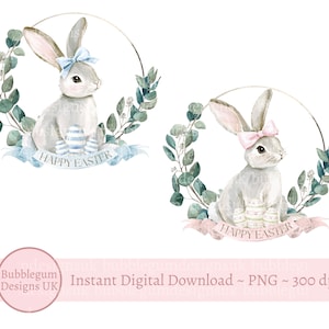 2er-Set Blauer und rosa Hase Frohe Ostern Kranz PNG, Osterhase Sublimationsdesign, Osterhase Clip Art, Kaninchen, sofortiger digitaler Download