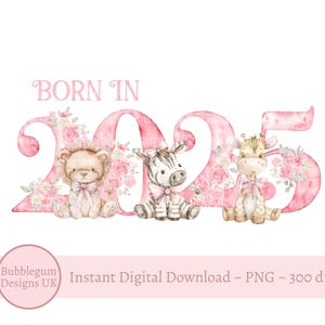 Nato nel 2025 numeri rosa animali safari PNG, design sublimazione neonato, neonato, baby shower, clipart anno 2025, download digitale istantaneo