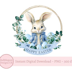Blue Bunny Happy Easter Wreath PNG, Easter Bunny Sublimation Design, Easter Bunny Clipart, Rabbit, My 1st Easter, Instant Digital Download