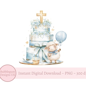 Torta di battesimo blu e agnello PNG, design di sublimazione del battesimo, design cristiano, battesimo del bambino, download digitale istantaneo