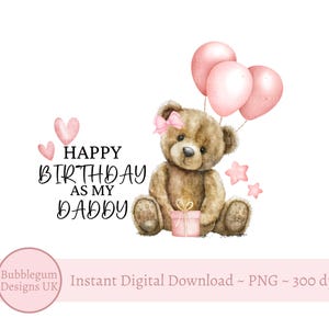 Ours en peluche ballons roses anniversaire papa PNG, conception de sublimation d'anniversaire, ours rose, anniversaire de papa, téléchargement numérique instantané