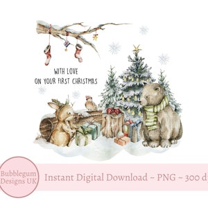 On Your First Christmas Winter Woodland PNG, Baby Bunny Bear Sublimation Design, Christmas Tree, Santa Sack Design, Instant Digital Download