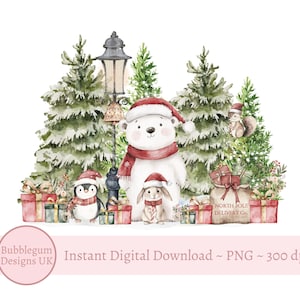 Orso polare invernale e animali PNG, design a sublimazione dell'orso, design del biglietto di Natale, design del sacco, scatola della vigilia di Natale, download digitale istantaneo