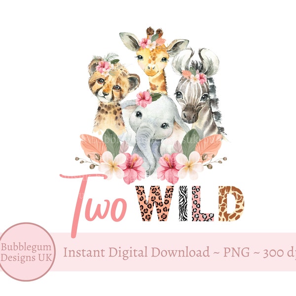 Girls Two Wild Baby Safari Animals PNG, Watercolor Baby Animals, T Shirt Sublimation Design, Birthday Card Design,Instant Digital Download