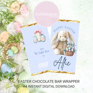 Envoltorio de barra de chocolate de Pascua imprimible, diseño de conejito de Pascua azul y canasta, envoltorio de barra de chocolate de 1,55 oz (100 g), descarga digital instantánea