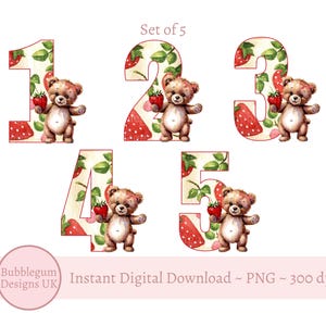 Números de ursinho de pelúcia de morango de 1 a 5 anos, designs de sublimação, PNG, clipart de frutas vermelhas, design de morango, camiseta de aniversário, download digital instantâneo