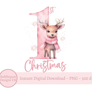 ピンクの 1st クリスマス鹿 PNG、クリスマス鹿、クリスマス ホリデー昇華、ピンクのスカーフを巻いたかわいい鹿、トナカイ、インスタント デジタル ダウンロード