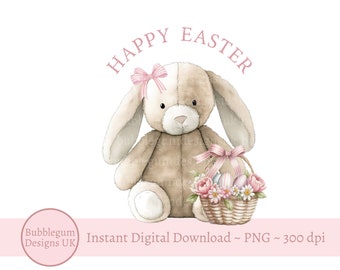 Pink Happy Easter Lop Ear Bunny & Basket Sublimation Design, PNG, Easter Bunny, 1st Easter, Bunny Rabbit, Instant Digital Download