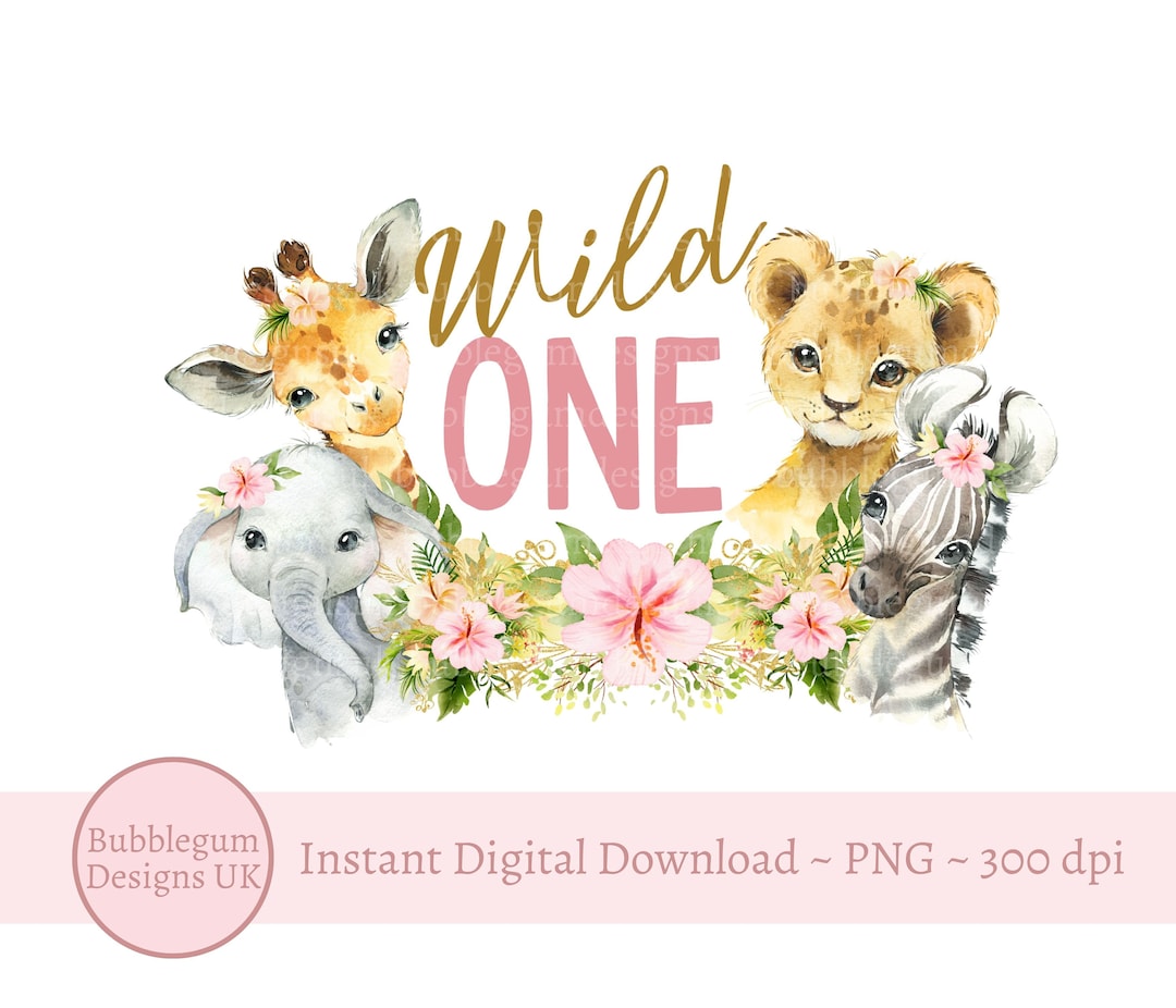 Girls Wild One Baby Safari Animals in Flower Crowns PNG, First Birthday ...