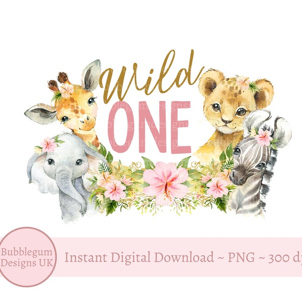 Girls Wild One Baby Safari Animals In Flower Crowns PNG, First Birthday Sublimation Design, 1st Birthday Party, Instant Digital Download