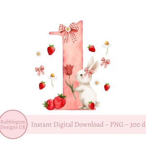 Fraise lapin 1er anniversaire PNG, conception de sublimation de Berry premier anniversaire T shirt, fraise Daisy 1er anniversaire, téléchargement immédiat