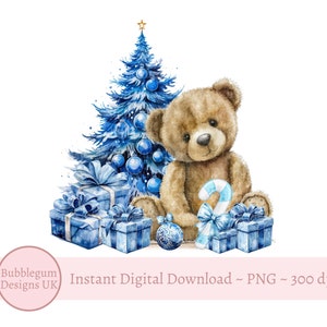 Orsetto di Natale blu e albero PNG, Orsetto di Natale, Primo Natale del bambino, Sacco di Babbo Natale blu, Design a sublimazione, Download digitale istantaneo