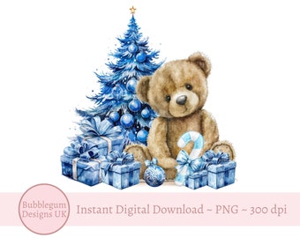 Blue Christmas Teddy Bear & Tree PNG, Christmas Bear, Baby's 1st Christmas, Blue Santa Sack Sublimation Design, Instant Digital Download