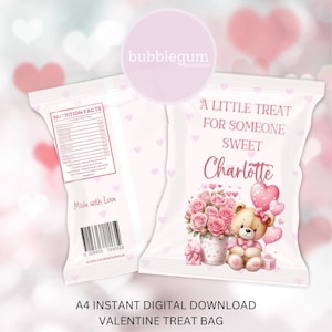 Rosa Teddybär Valentinstag Leckerli-Paket, A4 druckbare JPG, Valentinstag Tasche, eine kleine Leckerei für jemanden süß, sofortiger digitaler Download
