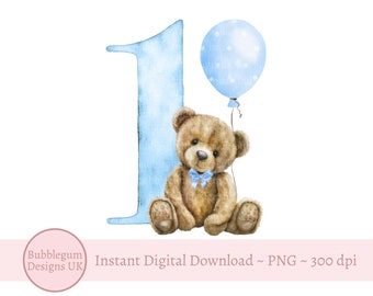 Teddy Bear Blue Balloons 1st Birthday PNG, First Birthday Sublimation ...