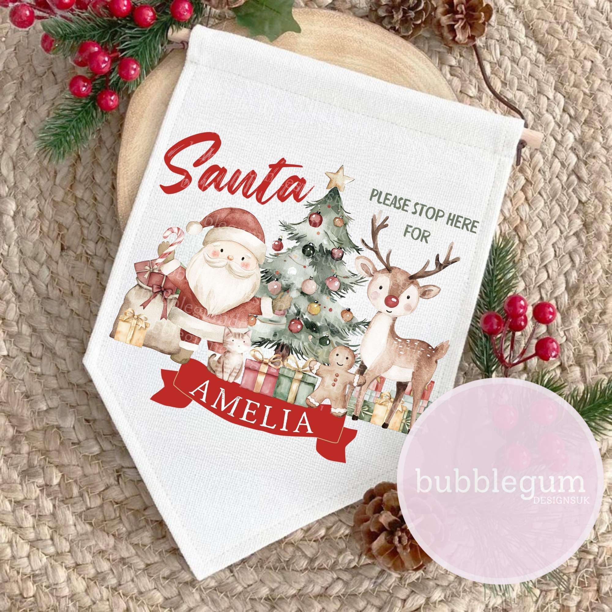 Targa Decorativa Natale Personalizzata – Babbo Natale Fermati Qui, Cuore In Legno Bianco, Fatto A Mano UK