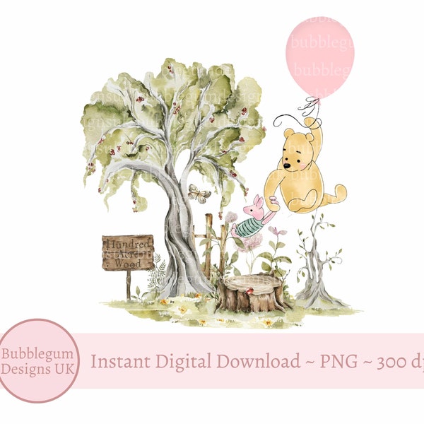 Winnie The Pooh & Piglet PNG, Winnie Sublimation Design, Birthday Party Decor, Winnie Pooh Pink Balloon Design, Instant Digital Download