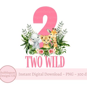 Roze twee wilde babysafaridieren PNG, safari verjaardag T-shirt sublimatie ontwerp, meisjes jungle 2e verjaardag, instant digitale download