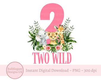 Rosa Zwei Wilde Baby Safari Tiere PNG, Safari Geburtstag T Shirt Sublimationsdesign, Mädchen Dschungel 2.Geburtstag, sofortiger digitaler Download