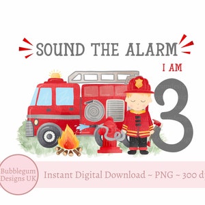 3e anniversaire, sonne l'alarme, conception de sublimation de camion de pompiers, t-shirt fête d'incendie et de sauvetage, pompier, camion de pompier, téléchargement numérique instantané PNG