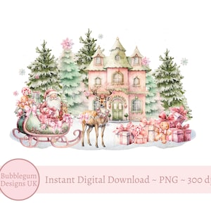 Slitta di Babbo Natale rosa invernale PNG, Design di sublimazione di Natale rosa, Design di biglietti di Natale, Design del sacco di Babbo Natale, Download digitale istantaneo